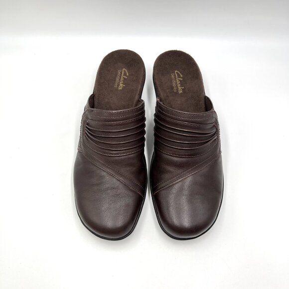 Clarks Womens Size 8.5M Brown Leather Slip On Mules Clogs Shoes - Picture 3 of 14
